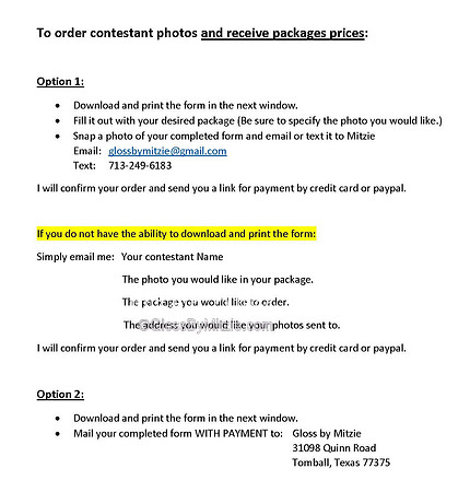 To order contestant photos and receive packages prices